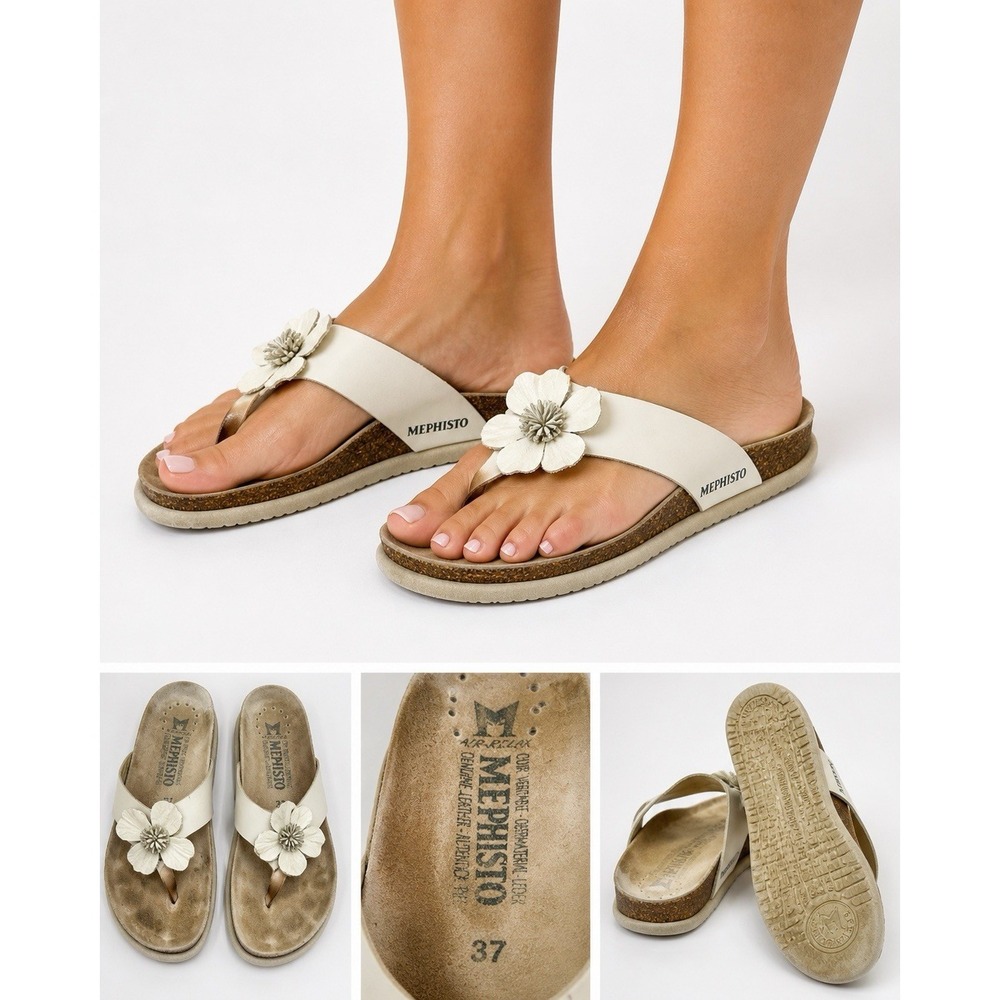 Mephisto Womens Sandals‎ EU 37 US 6.5 Thong Flip Flop White Flower Comfort